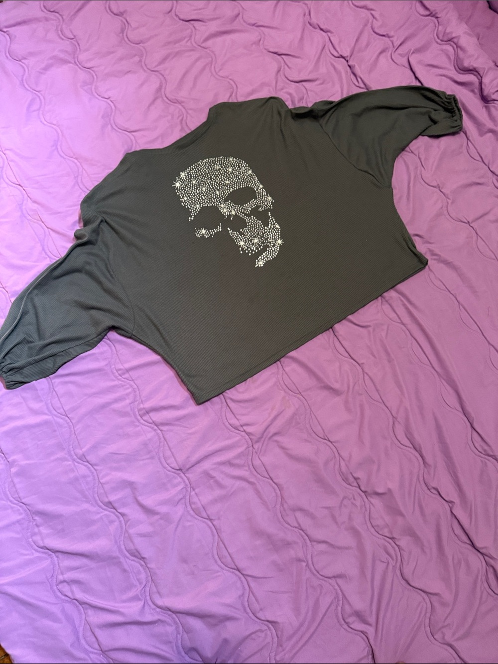 Black Rhinestone Skull Cropped Top